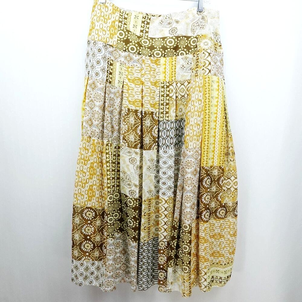 Vintage 90s Y2K Luciano‎ Dante Midi Skirt Sz 14 Yellow Patchwork Floral Printed